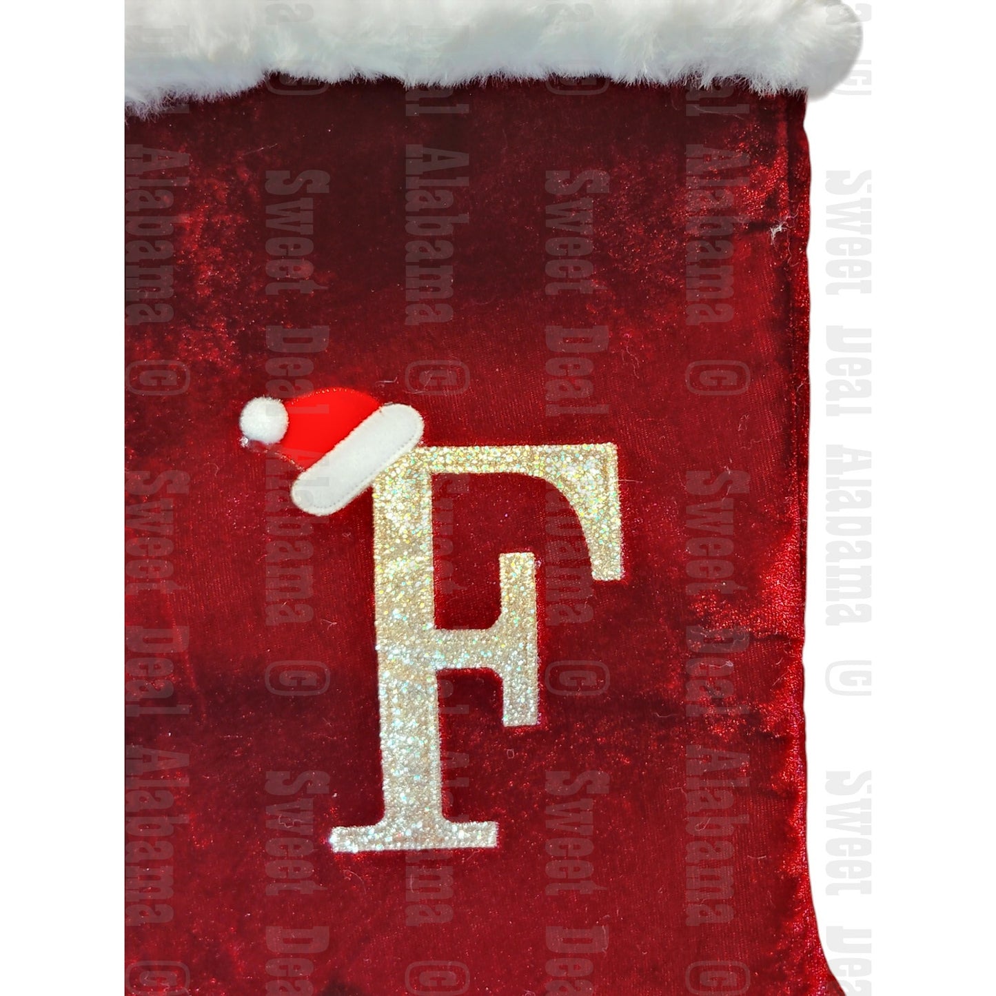 20" Red Velvet Monogram Christmas Stocking – Letter F, Plush Cuff, Embroidered