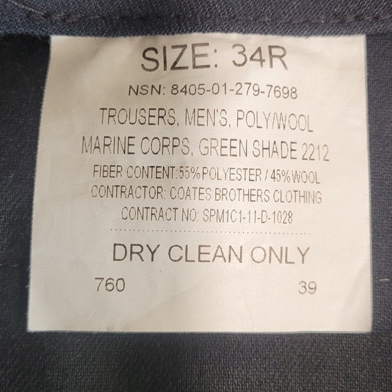 USMC Service Trousers - Size 34R - Green Shade 2212 - 65/35 Poly/Wool