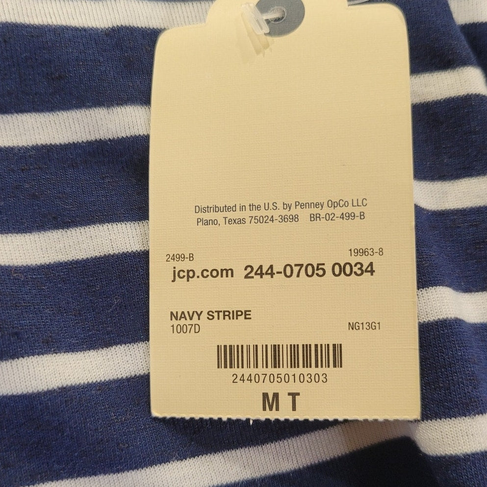 St. John's Bay Women's Henley Neck Short Sleeve Henley Shirt, Navy Stripe, MT