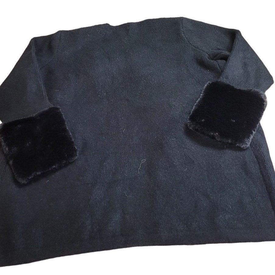 Liz Claiborne L/S Cardigan Sweater, Fur Trim Sleeves, Black, L (12-14)