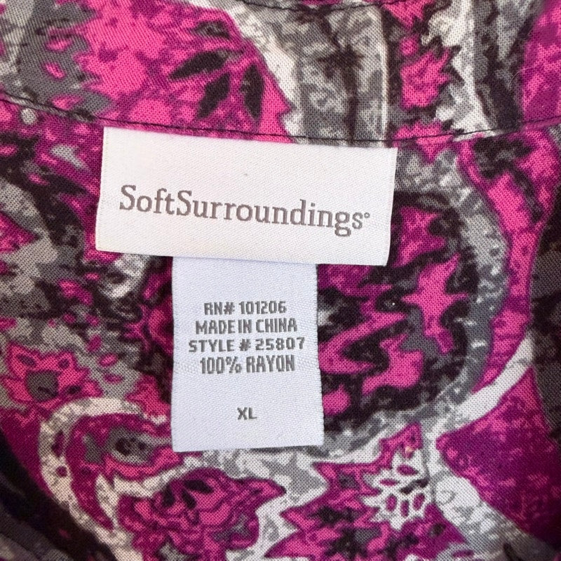 Soft Surroundings Paisley Print V-Neck Long Sleeve Top Blouse XL Pink Black