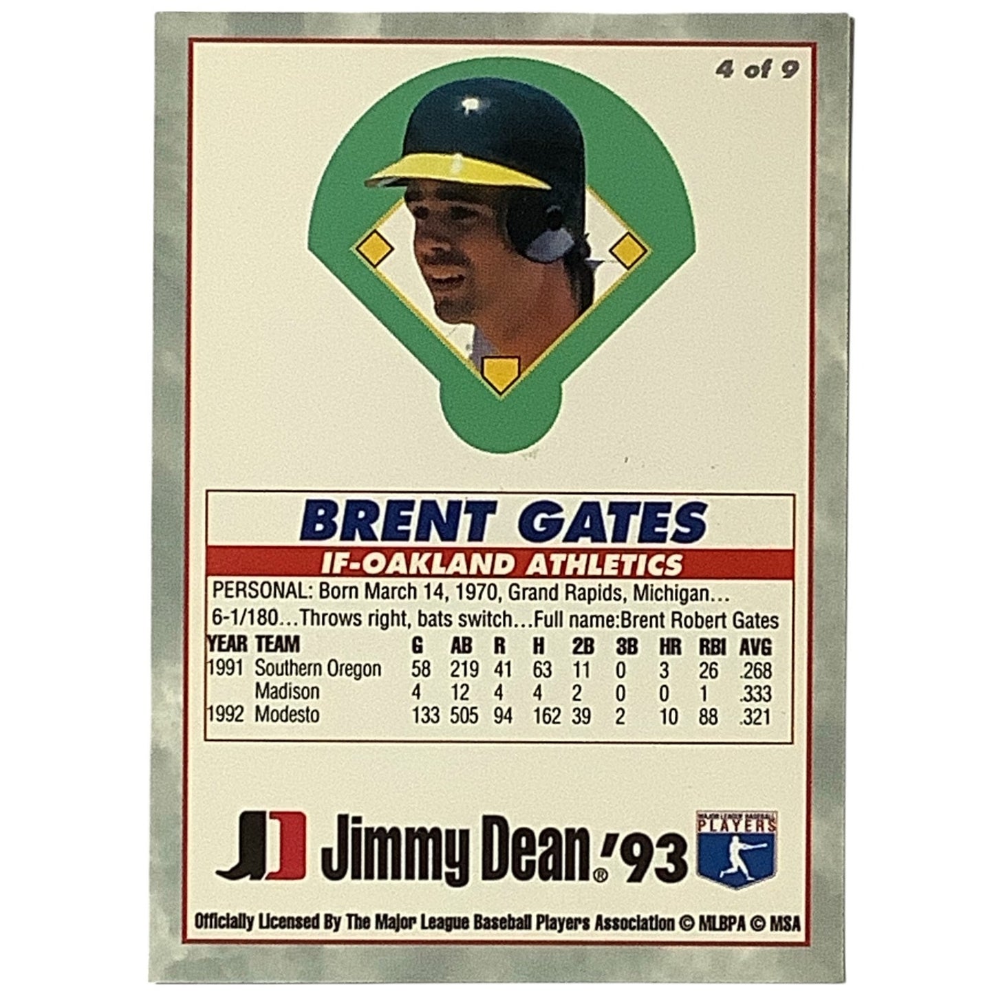 1993 Rookies, Brent Gates Oakland Athletics, MLB, Jimmy Dean 1993, Card 4, EX/NM