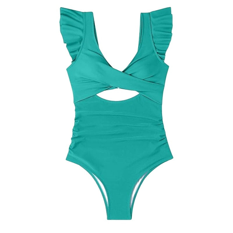 B2prity One Piece, Ruffle Cutout, Tummy Control V-Neck Wrap, Teal, SM (4-6)