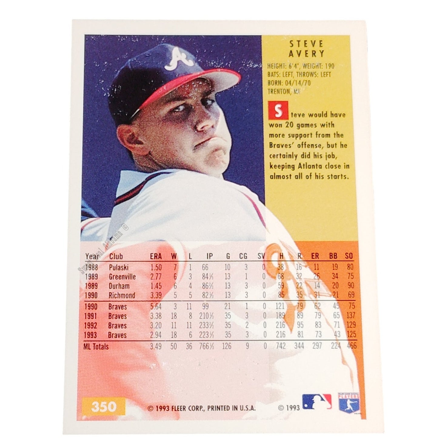 Steve Avery, Atlanta Braves, #350, 1994 Fleer Baseball Collector's Card