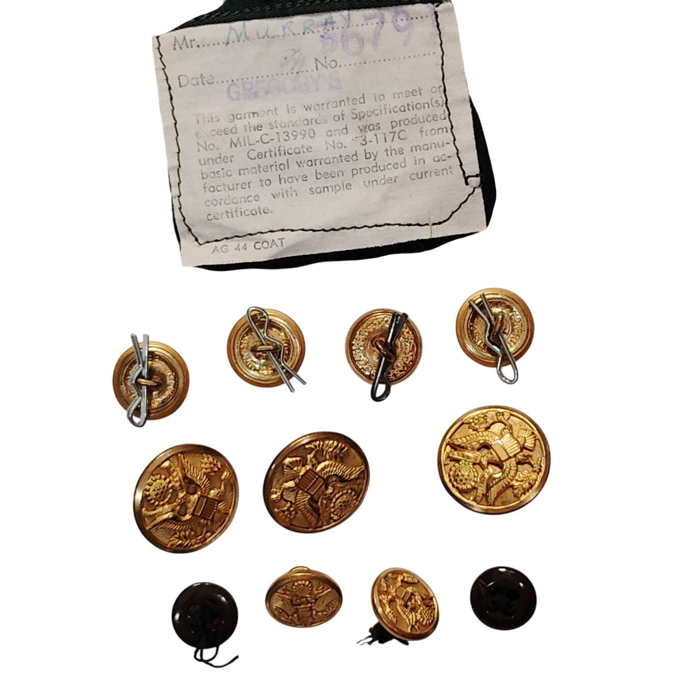 Vintage U.S. Army AG-44 Coat – Full Waterbury Button Set – 11 Total – Removed from Original Coat