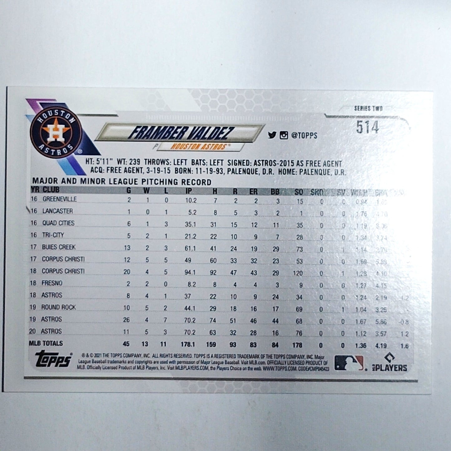 2021 Topps Series 2 Framber Valdez 514 Houston Astros Pitcher VG/EX