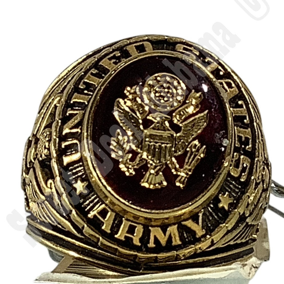 United States Army Ring, Size 6-1/2, Gold Tone, Center Red Stone w/ Army Crest