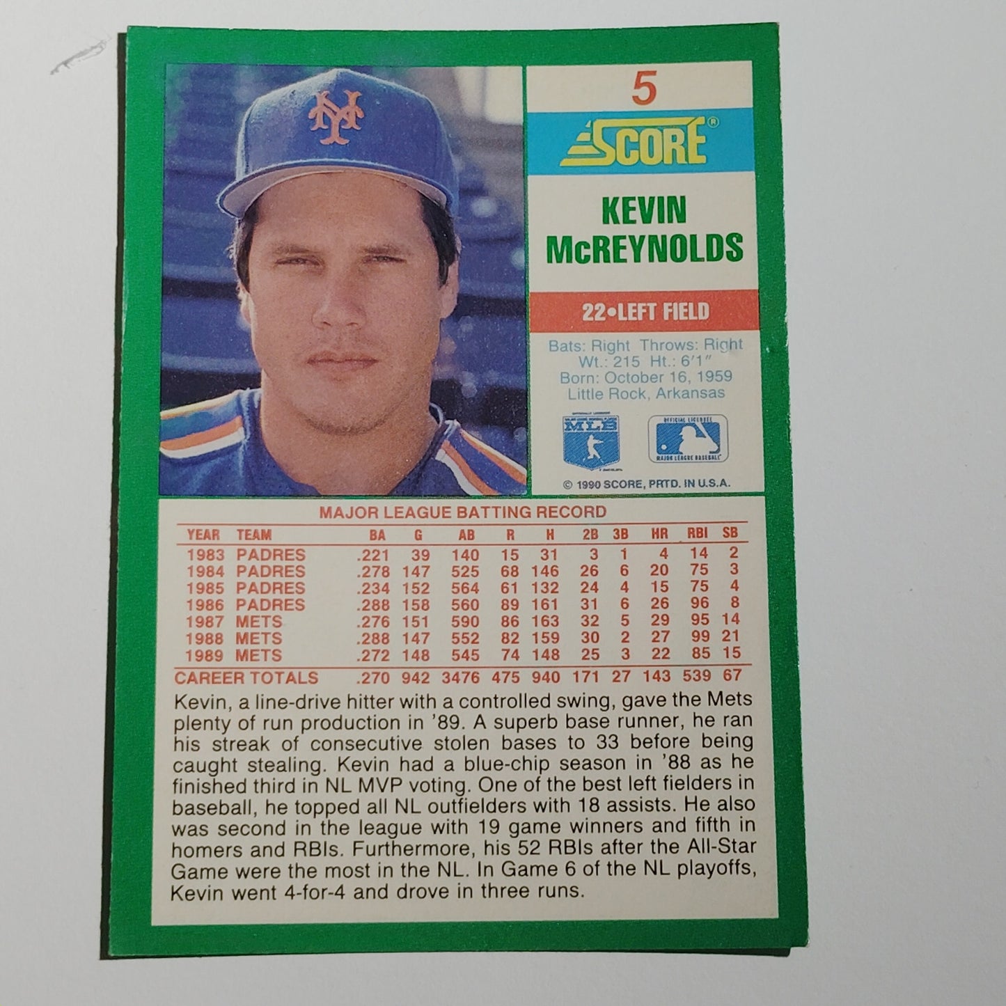 1990 Score Kevin McReynolds Card No. 5 New York Mets LF VG/EX
