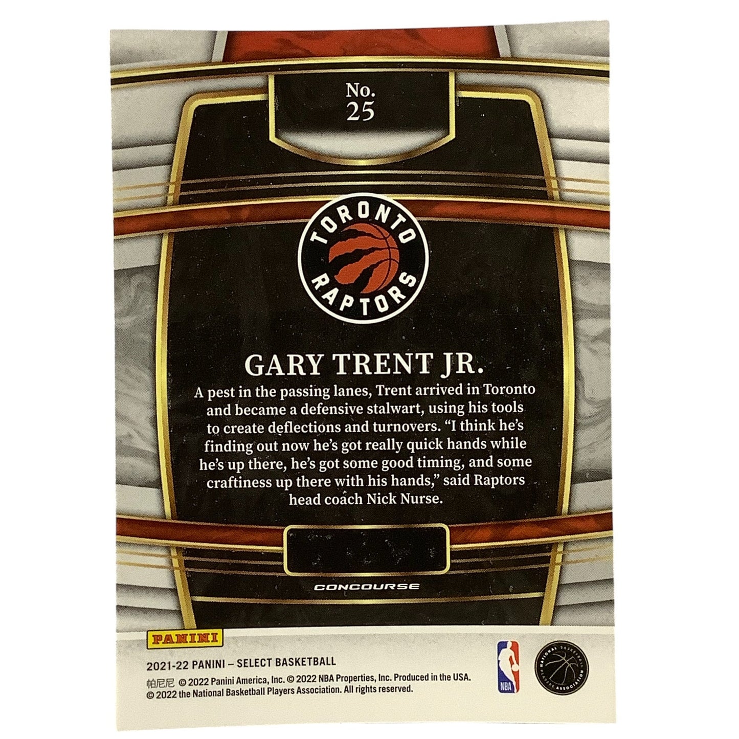 Gary Trent Jr., Toronto Raptors, Card #25, 2021-22 NBA Panini Select