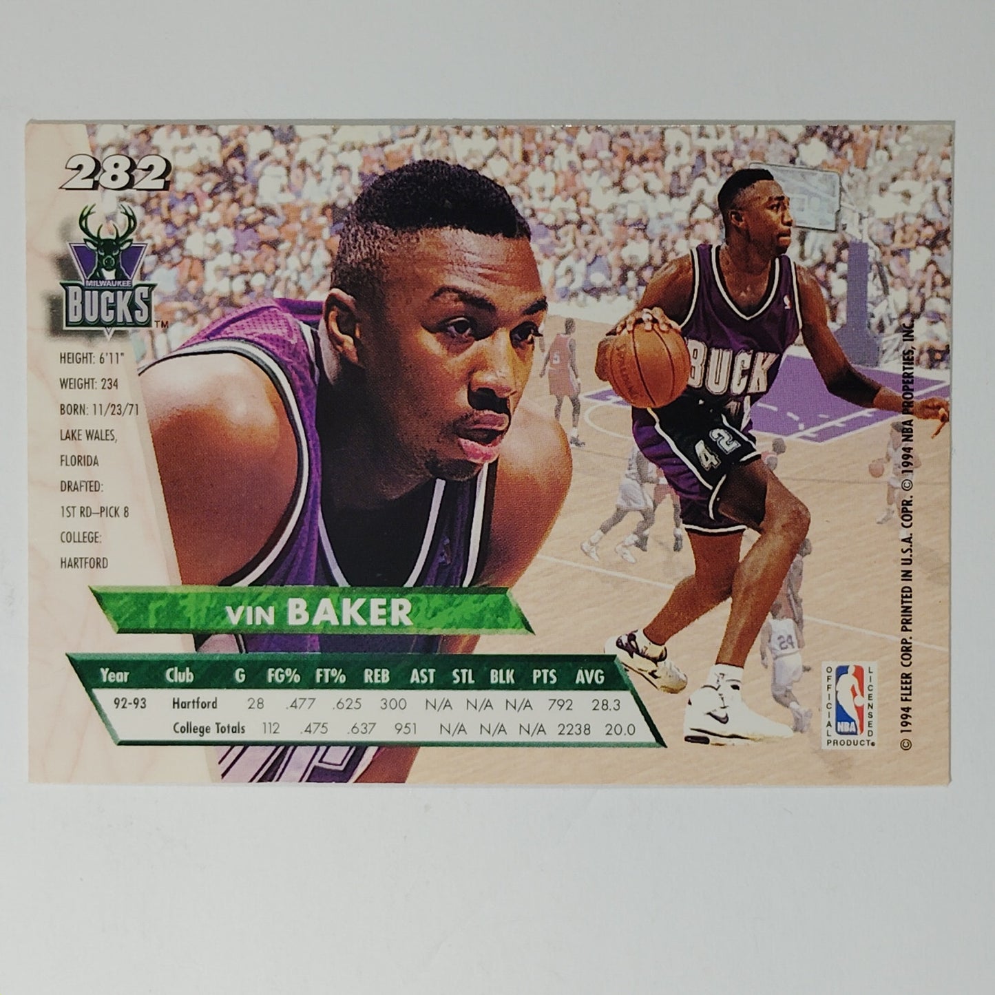 1993-94 Ultra Vin Baker #282 Milwaukee Bucks Forward, NBA Rookie Card