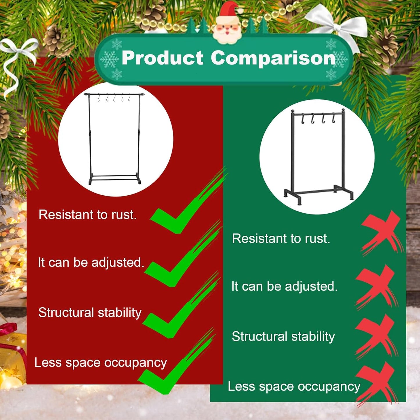 Retractable Freestanding Christmas Stocking Holder Stand – 35" to 59" Adjustable Display – 8 Hooks