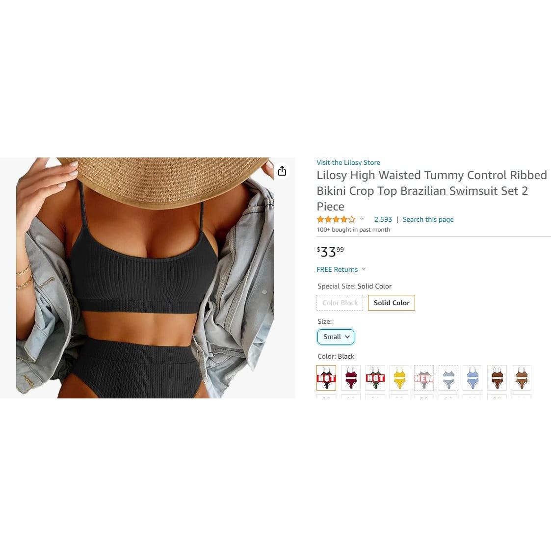 Ribbed Sporty Brazilian Cheeky Cut Leg Rise Bottom Crop Push Up, Black, Small