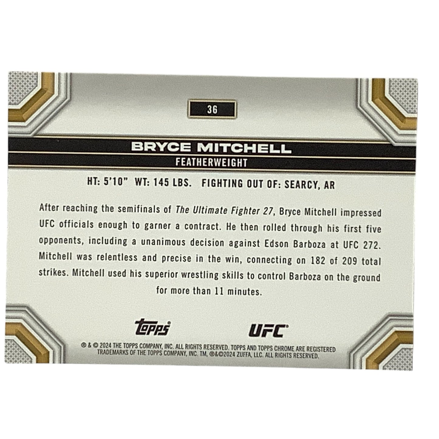 Bryce Mitchell, Featherweight, Card 36, 2024 Topps Chrome UFC, NM+