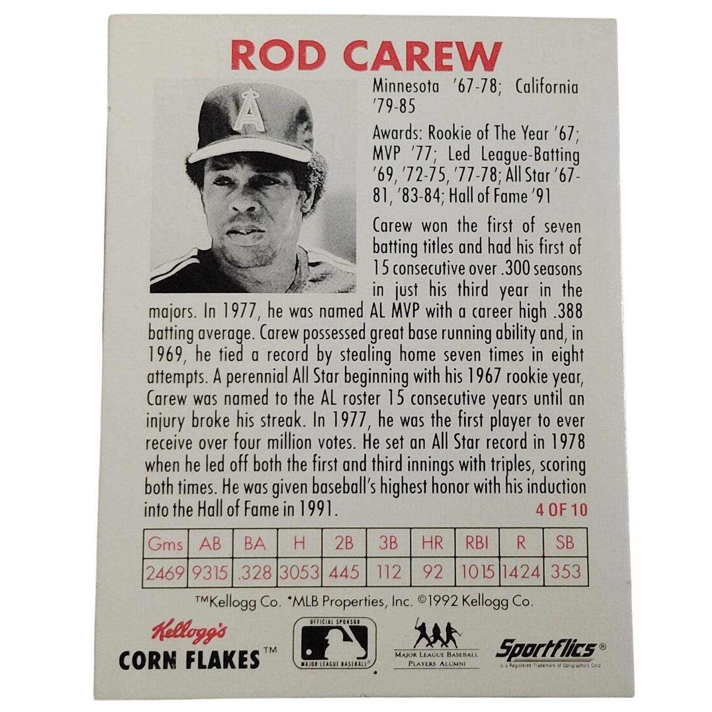 1992 Kellogg’s Corn Flakes Rod Carew #4 All‑Stars MLB 3‑D Lenticular Card VG