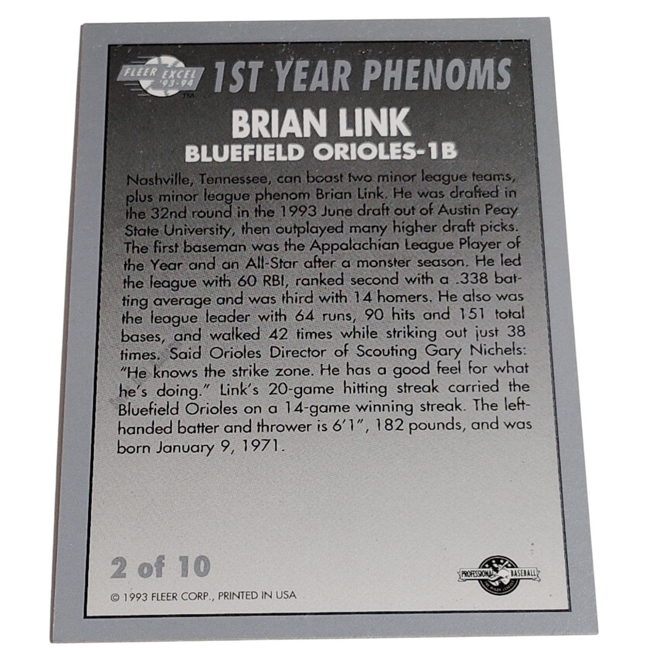 Brian Link, Bluefield Orioles, Card 2 of 10, 1st Year Phenoms, 93-94 Fleer Excel