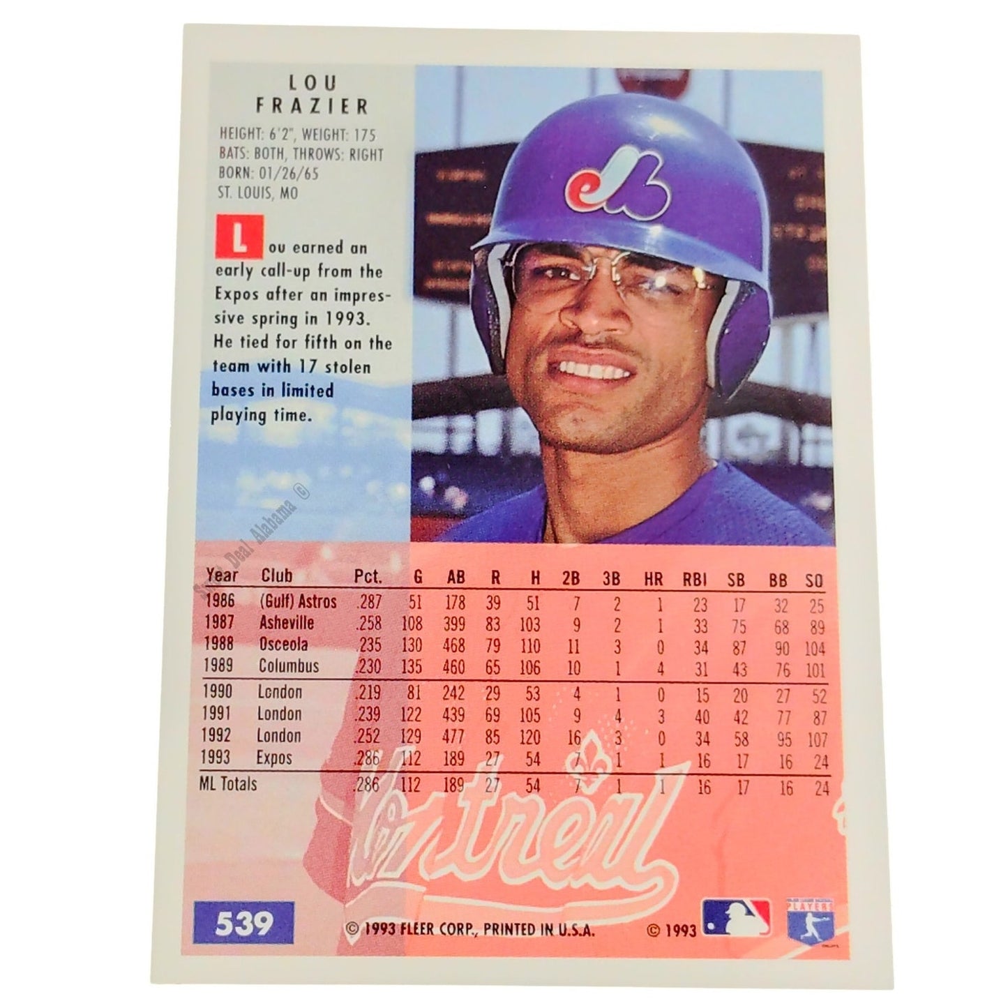 Lou Frazier, Montreal Expos, #539, 1994 Fleer Baseball Collector's Card