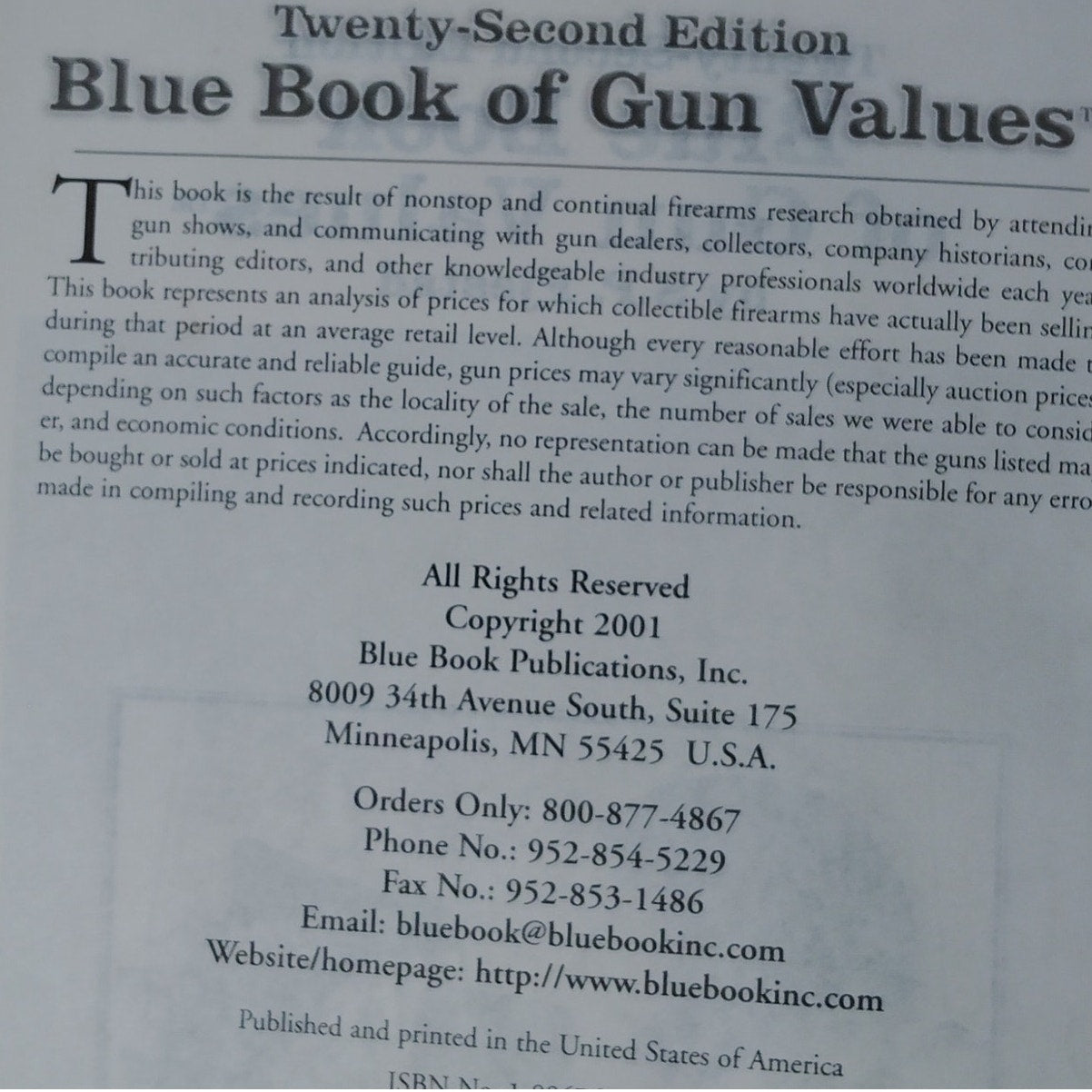 2001 Blue Book of Gun Values 22nd Ed. by S.P. Fjestad, Firearms Reference Guide