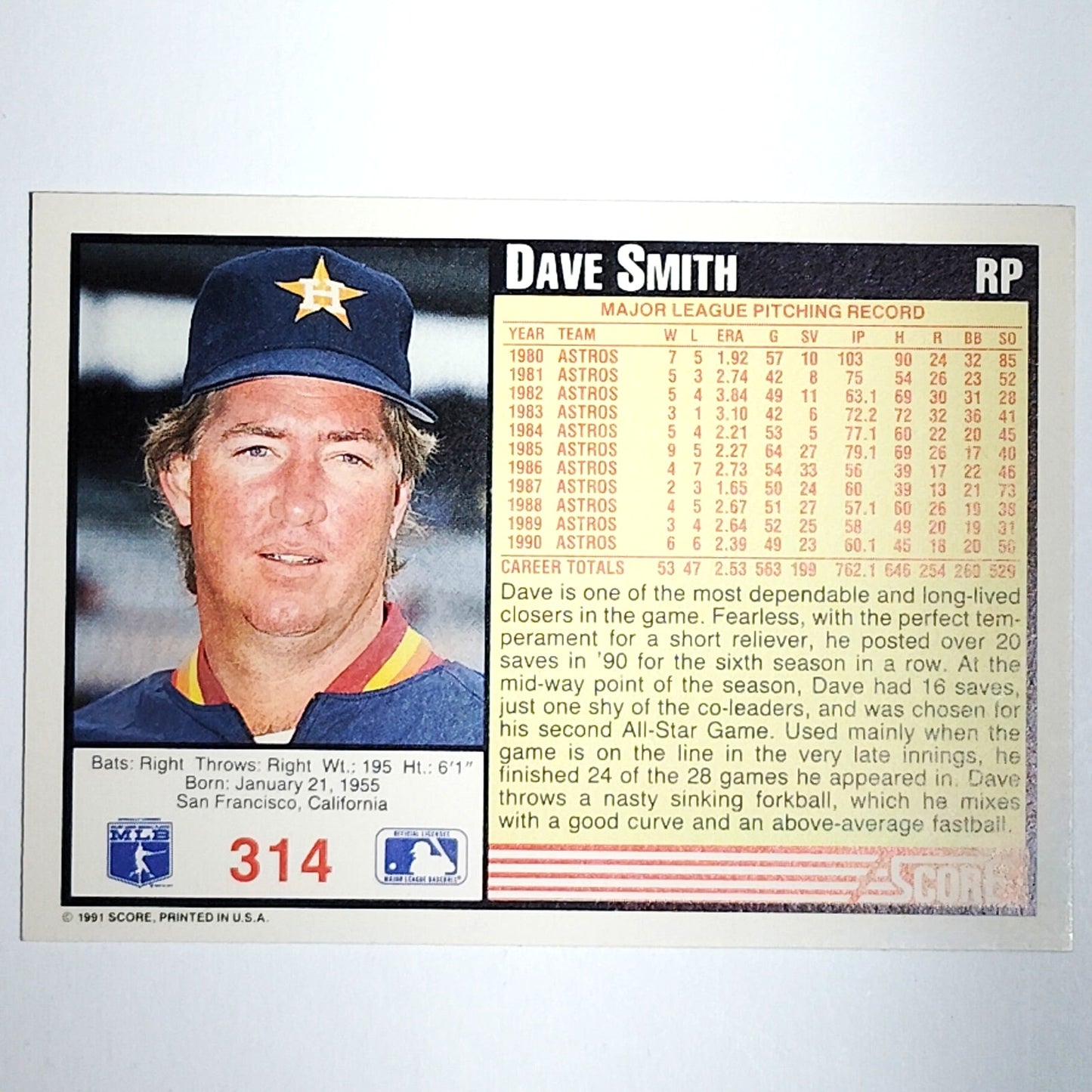 1991 Score Dave Smith Card #314 Houston Astros RP VG/EX