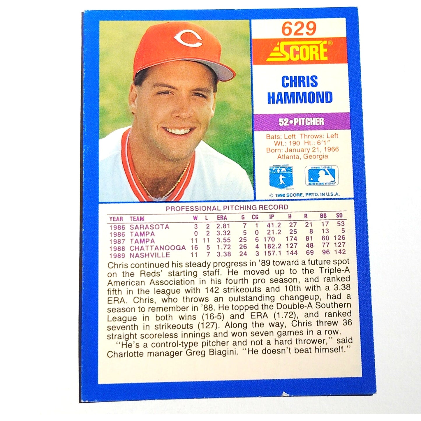 1990 Score Chris Hammond RC #629 Cincinnati Reds Rookie Pitcher MLB Baseball EX