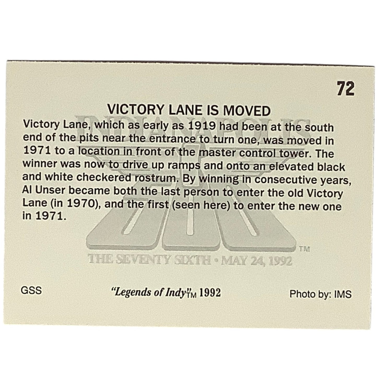 1971 Victory Lane's New Location at the Indy 500, 1992 Legends of Indy, #72 NM+