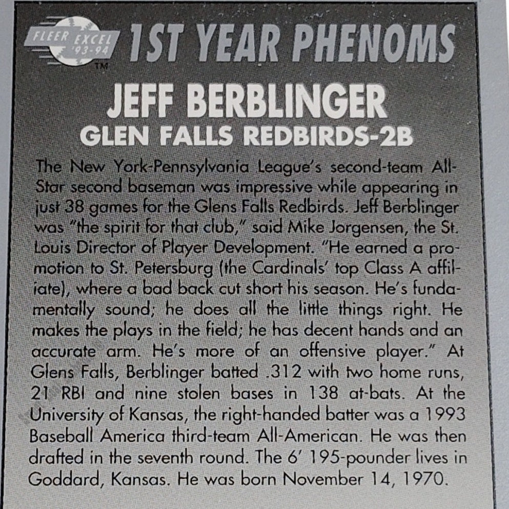 Jeff Berblinger, Glen Falls Redbirds 3 of 10, 1st Year Phenoms 93-94 Fleer Excel