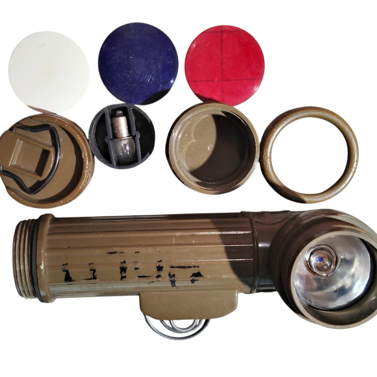 Fulton MX-99I/U Military Surplus Flashlight w/ Red, Blue, White Lens, Extra Bulb