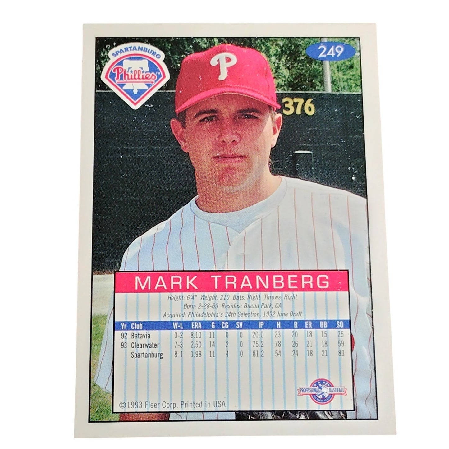 Mark Tranberg, Spartenburg Phillies, No. 249, 93-94 Fleer Excel Minor Leagues