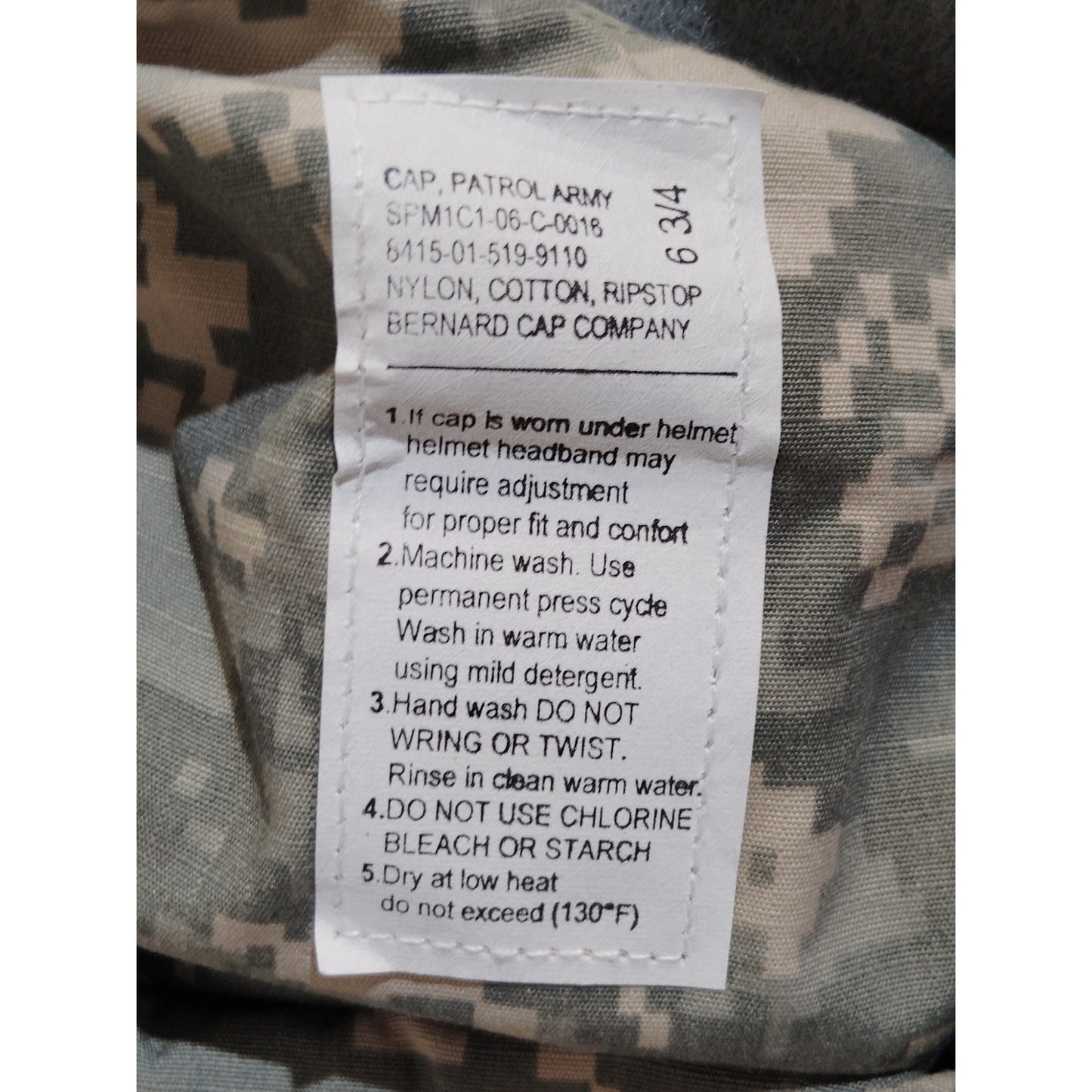 Digital ACU Camo Patrol Cap Size 6-3/4, Ripstop, Nylon/Cotton, Bernard Cap Co.