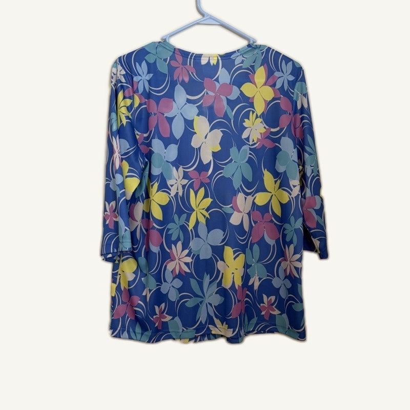 Blair Women's Floral Print 3/4 Sleeve Top Blue Multicolor Size L Scoop Neck