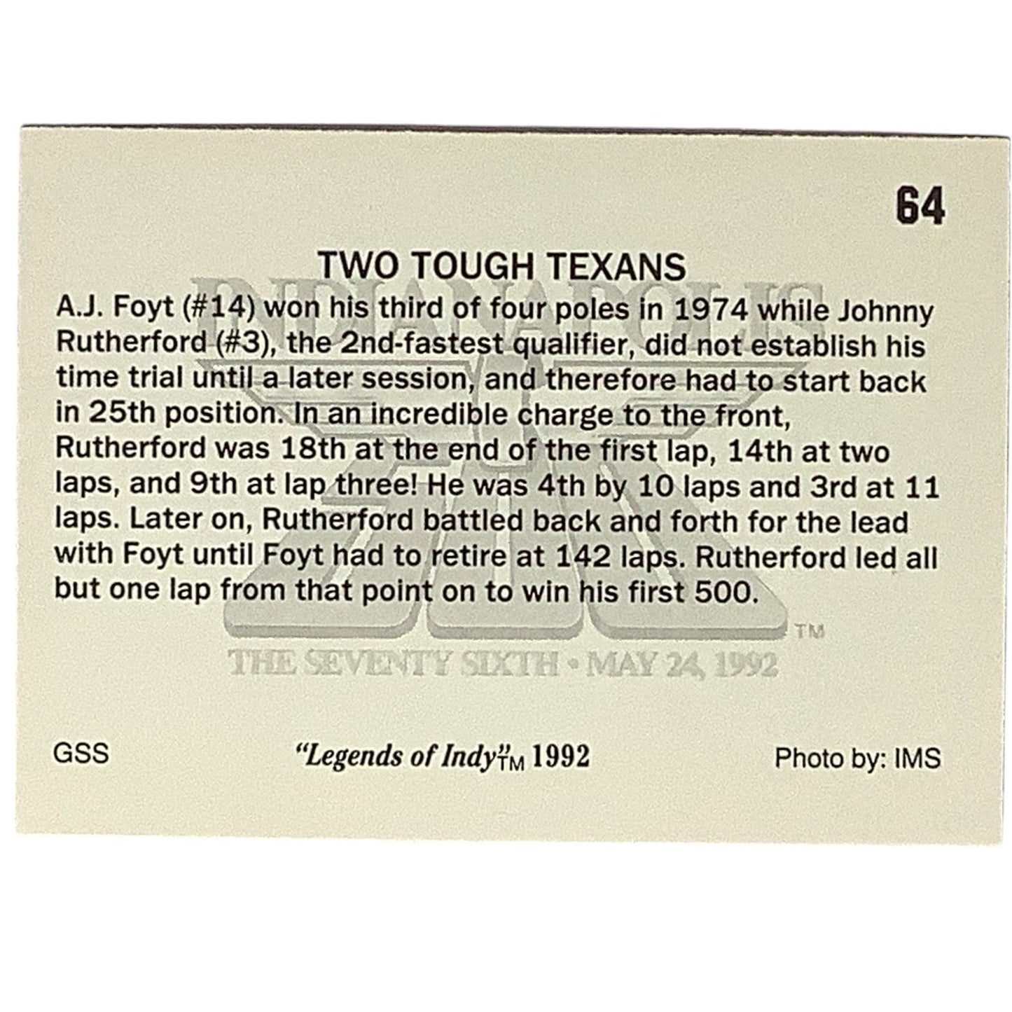 1974 Tough Texans - A.J. Foyt & Johnny Rutherford, 1992 Legends of Indy, #64 NM+