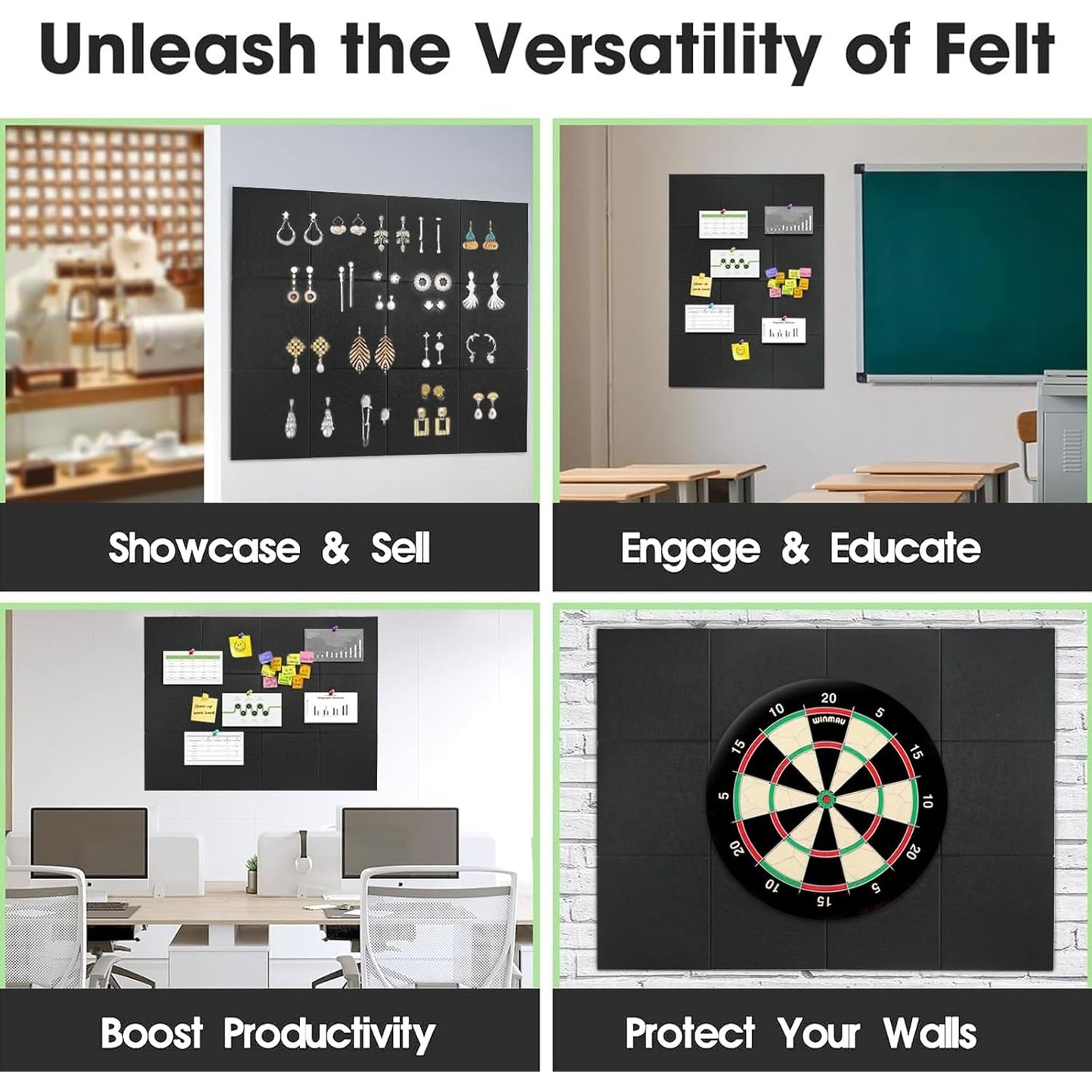 Felt Bulletin Board Tiles, 24-Pack (70"x47") Blk - w/ Adhesive Tabs & Push Pins