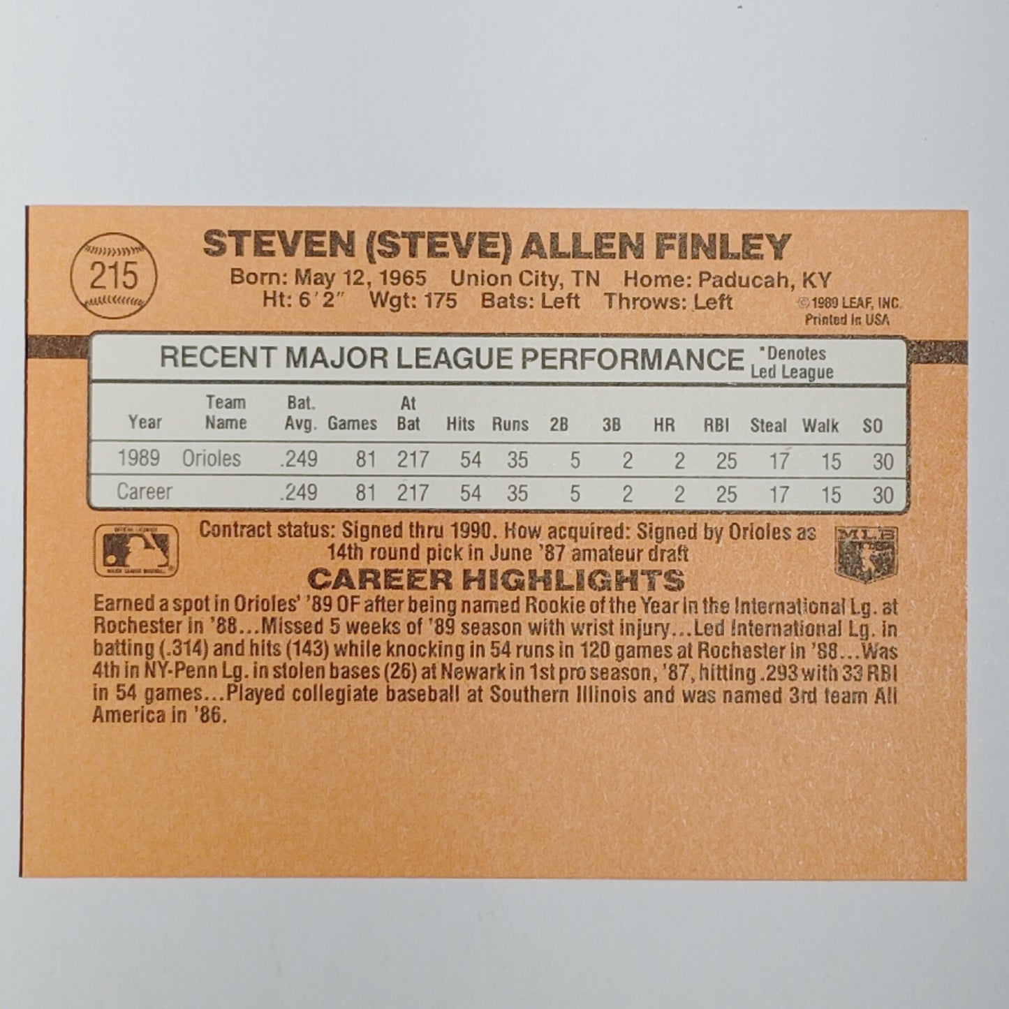 1990 Donruss #215 Steve Finley Baltimore Orioles Outfielder - VG/EX