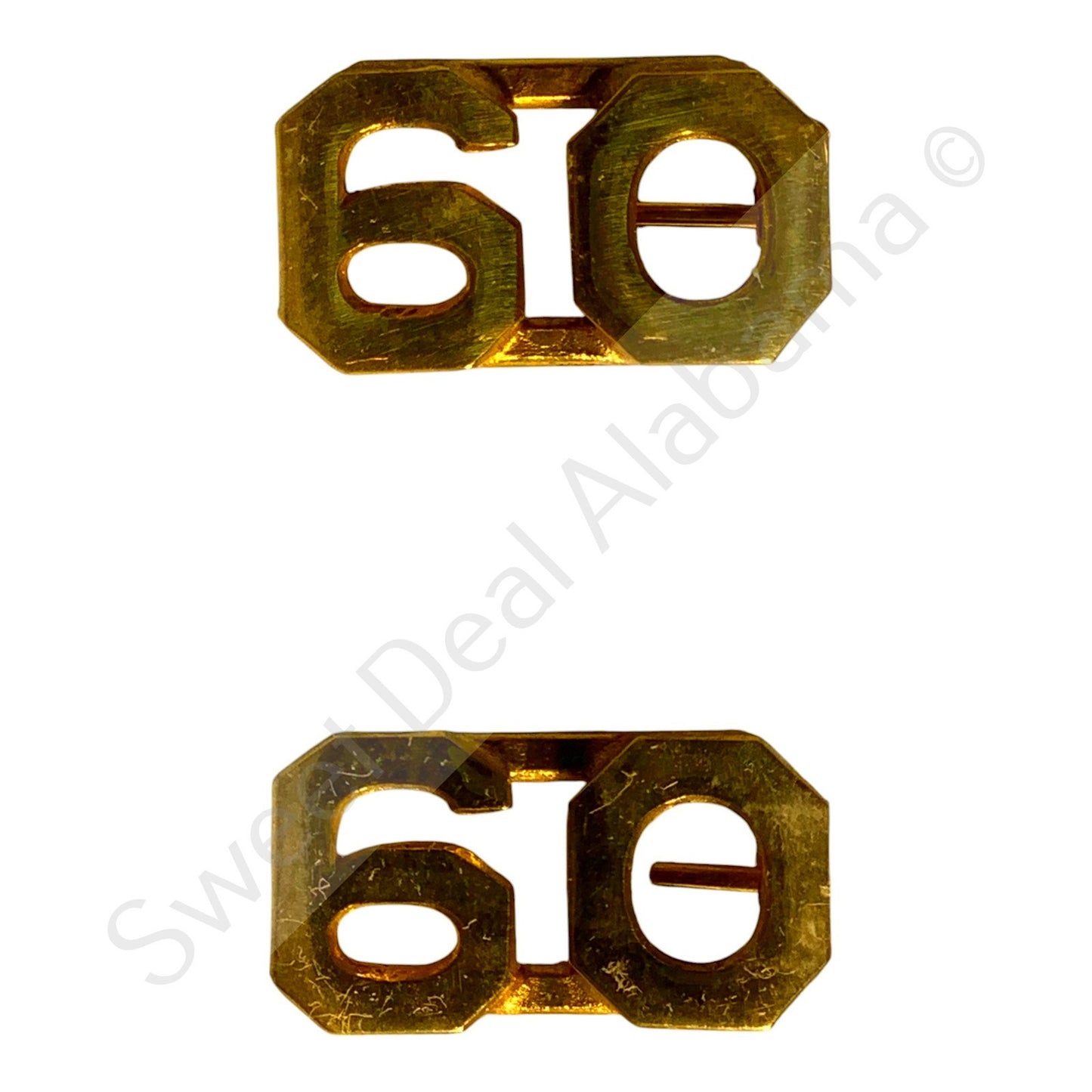 c.1910s Numeric "60", Brass Military C-Clasp Hat / Lapel / Collar Pins Set 3/8"H