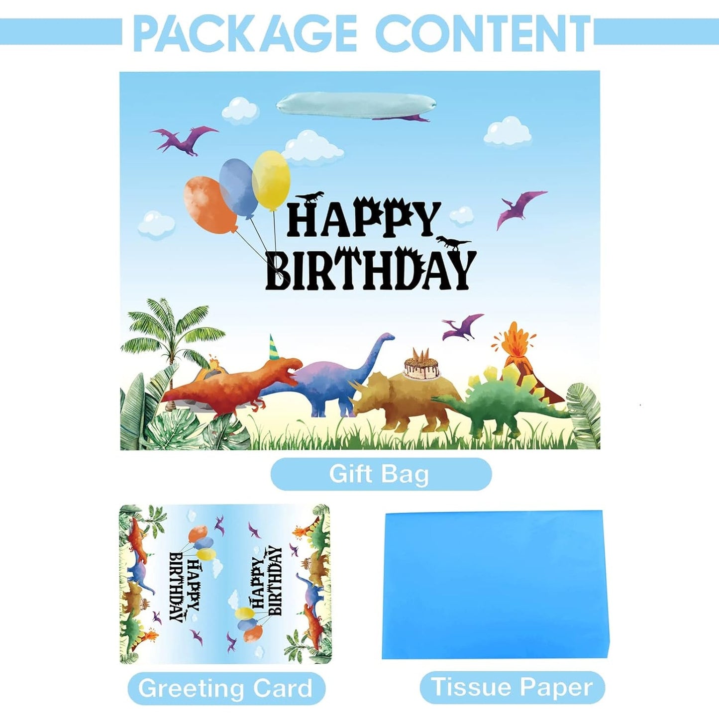 Large 13" Dinosaur Birthday Gift Bag w/ Card & Tissue – Watercolor Design