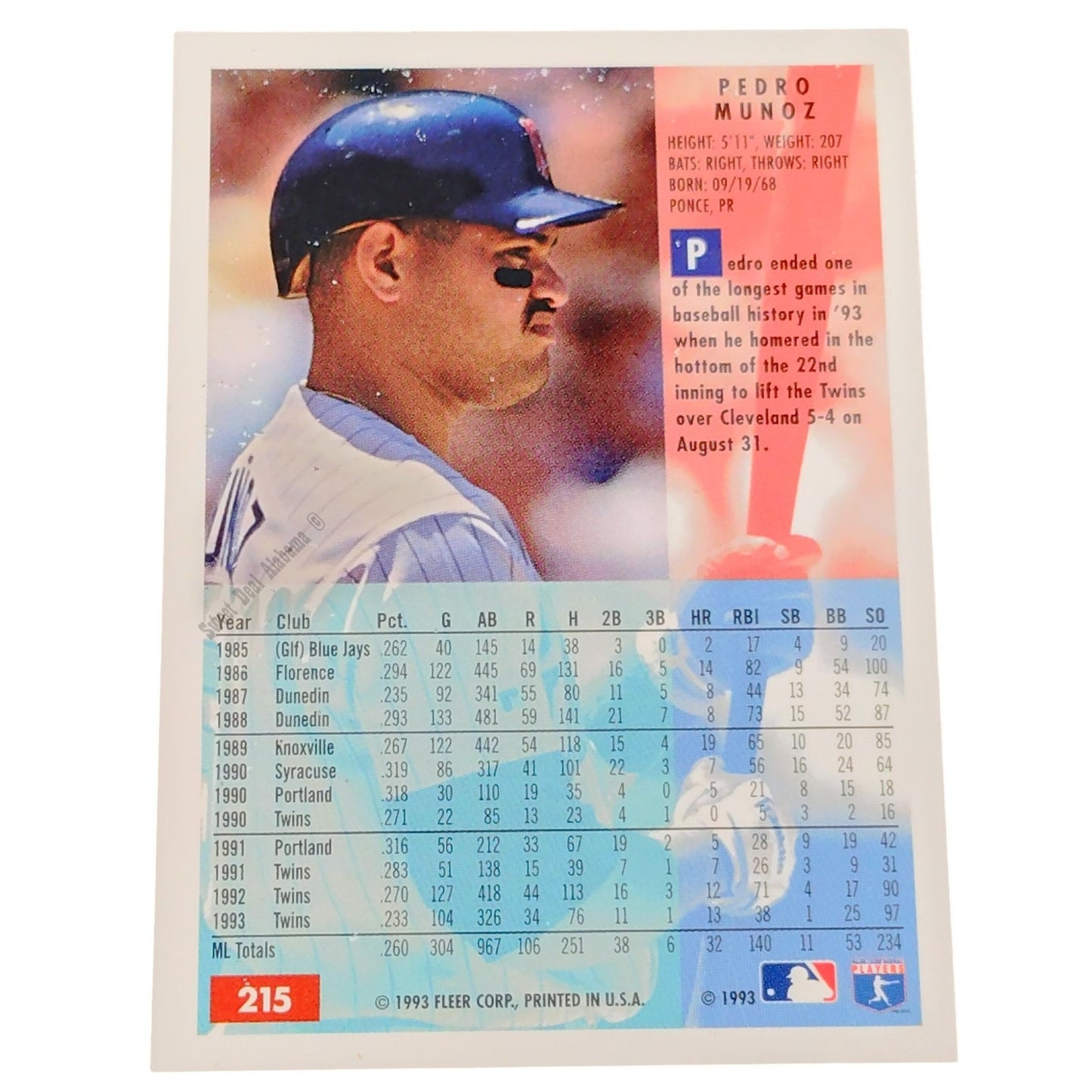 Pedro Munoz, Minnesota Twins, #215, 1994 Fleer Baseball Collector's Card