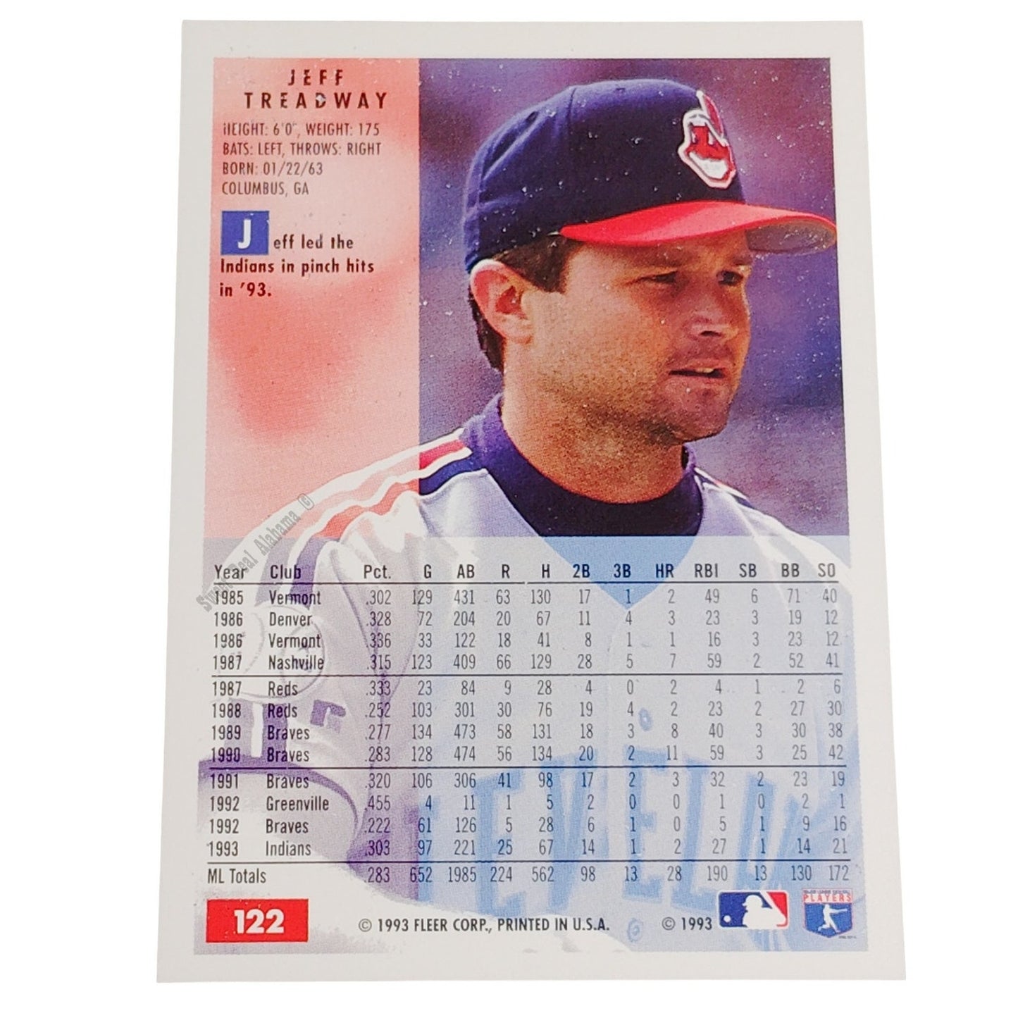 Jeff Treadway, Cleveland Indians, #122, 1994 Fleer Baseball Collector's Card