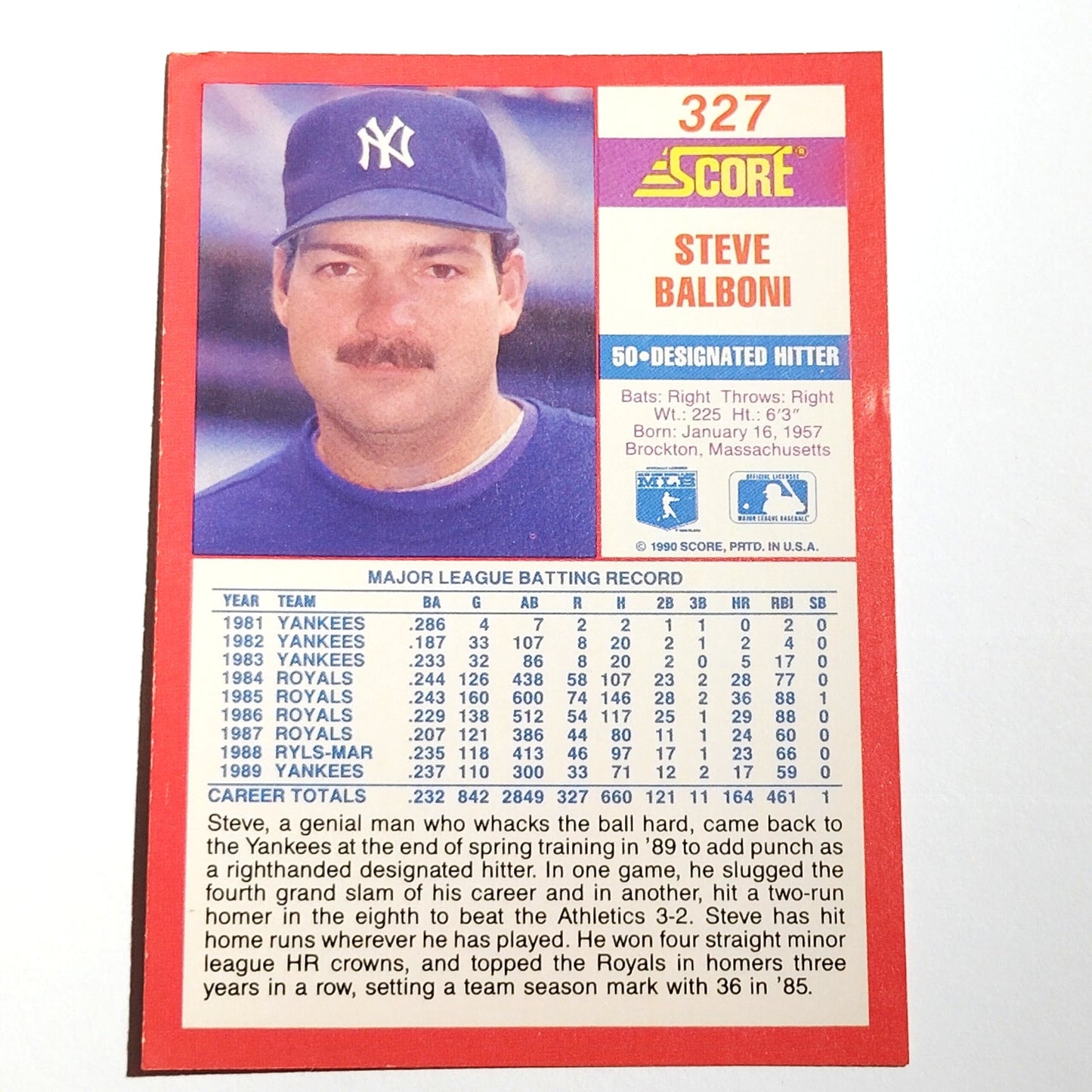 1990 Score Steve Balboni #327 New York Yankees Designated Hitter MLB EX