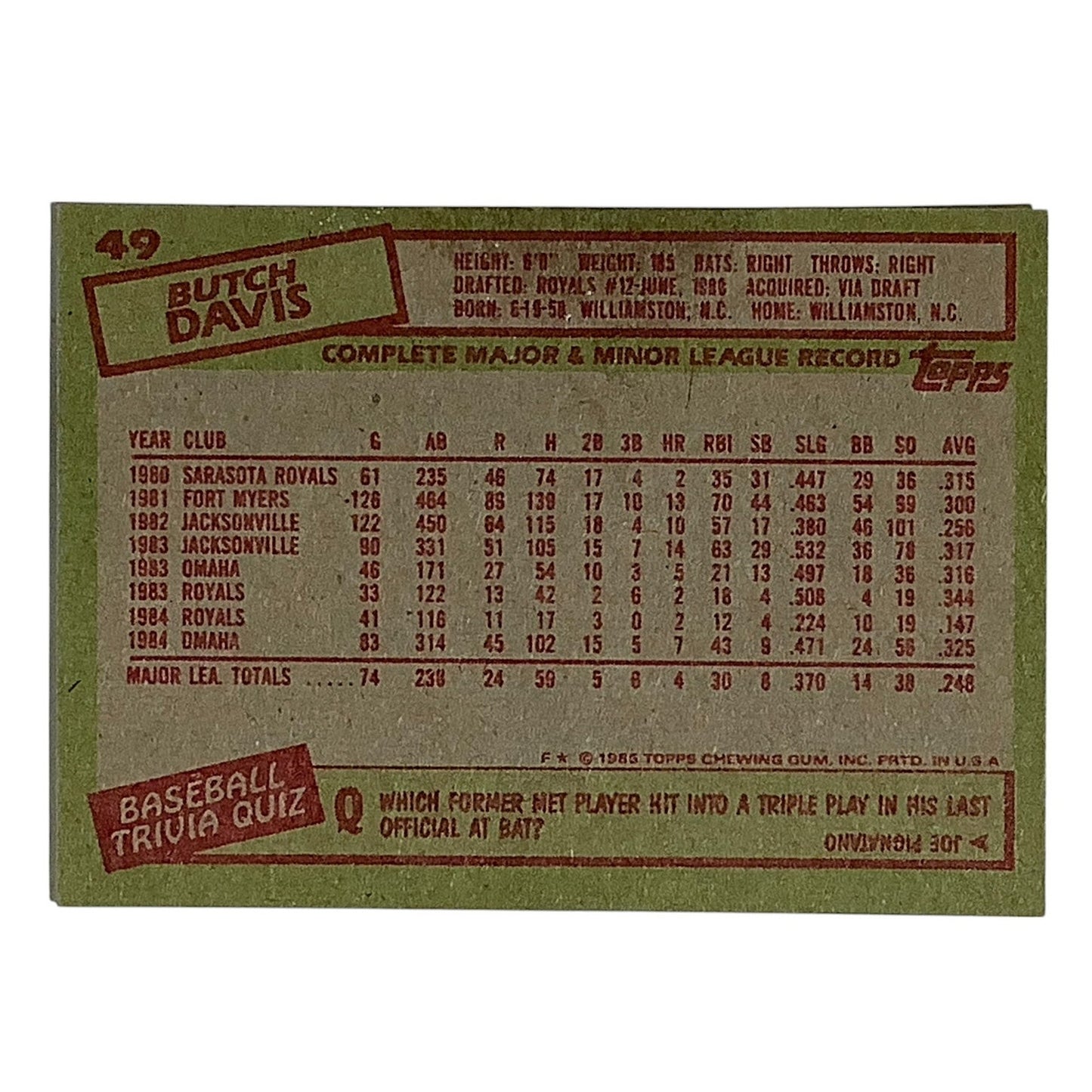 Butch Davis, Kansas City Royals, MLB, 1985 Topps Card 49, EX/NM