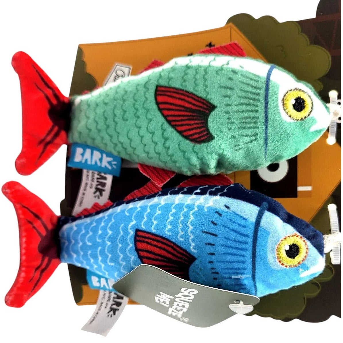 BARK Mike & Mike the Trout Twins Dog Toys XS/S – 2 Pack Plush Squeaky Fish