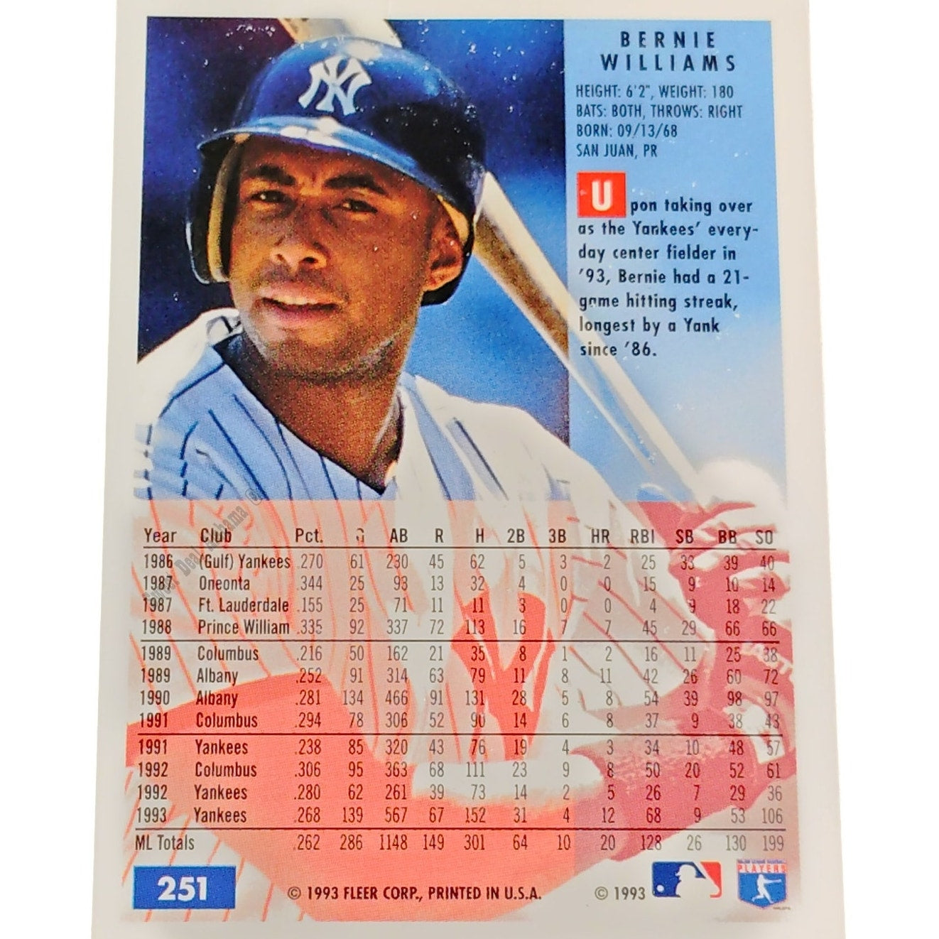 Bernie Williams, New York Yankees, #251, 1994 Fleer Baseball Collector's Card