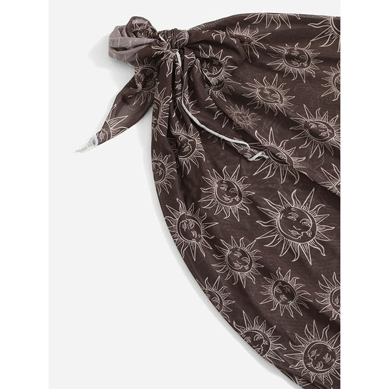 SOLY HUX 3 Piece Sun Print, Brown Halter Triangle Tie Side Bikini w/ Cover Up, M