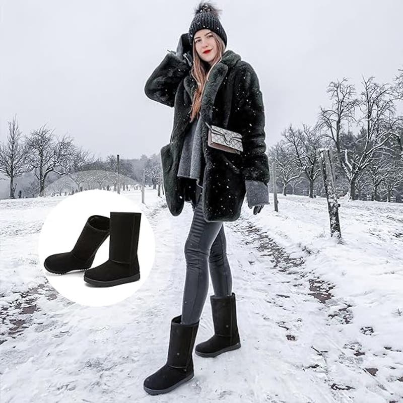 Women's Cold Weather Boots, Mid Calf, Fur Lined, Black, Size 9, Snow Boots
