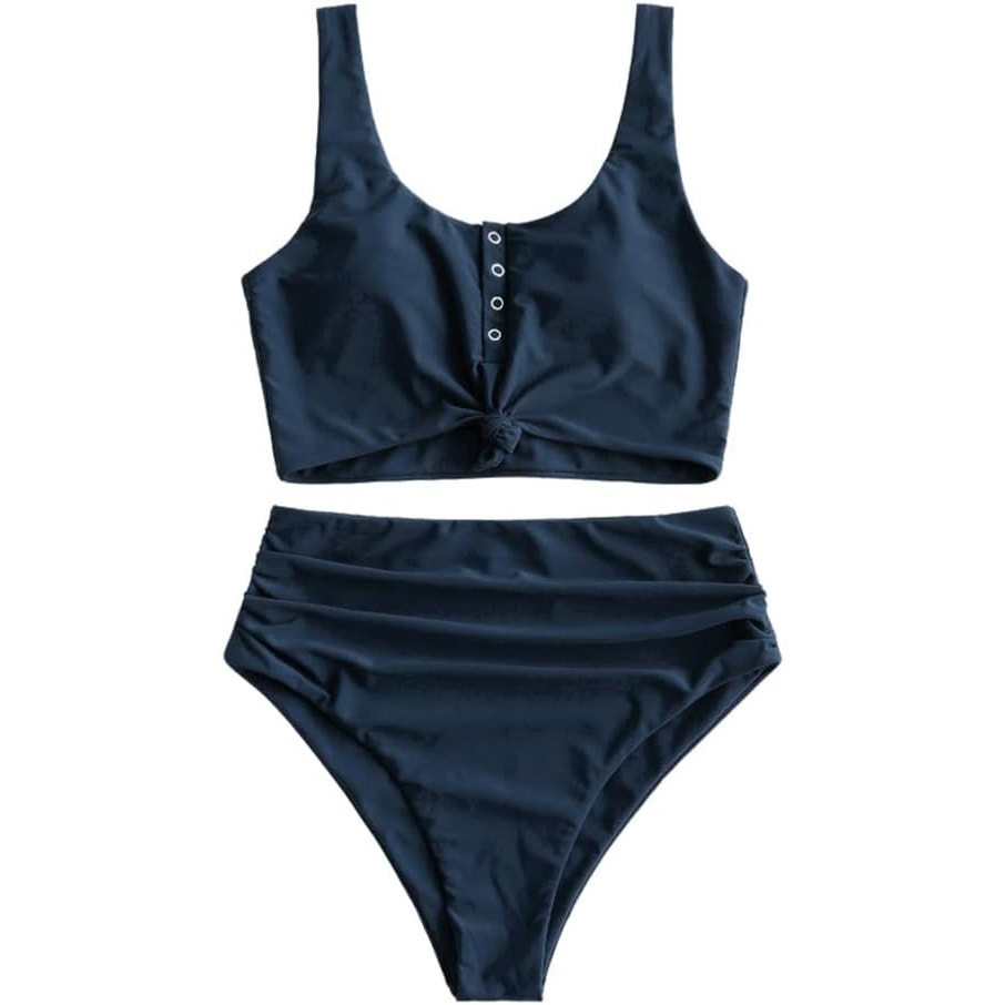 ZAFUL High Waisted Bikini Scoop Neck Swimsuit Two Pieces Dark Blue XL (12-14)