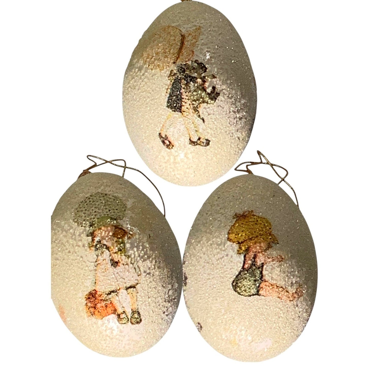 Lot of 5, Handcrafted Egg Ornaments, Vintage 1970's, Various Scenes, Glittered.