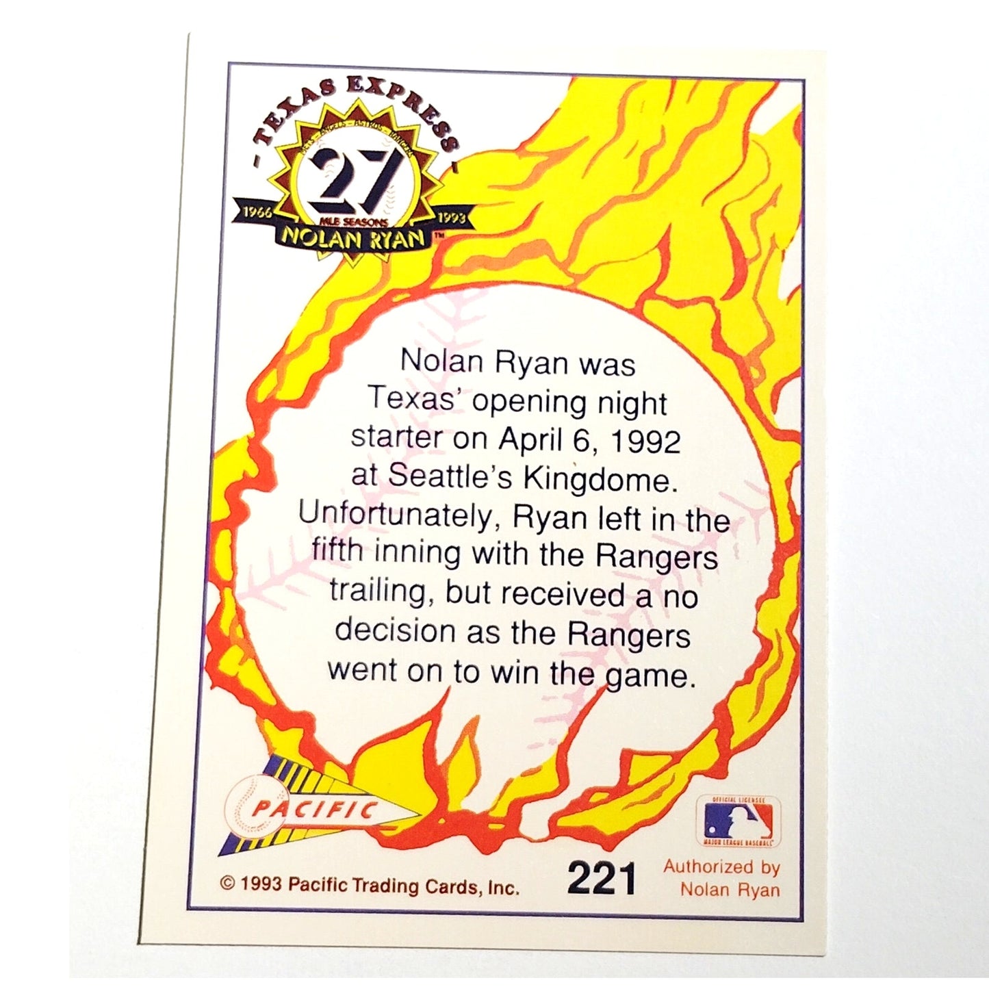 1993 Pacific Texas Express Nolan Ryan #221 Texas Rangers Pitcher Baseball Card NM