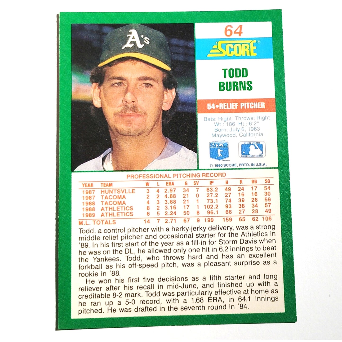 1990 Score Todd Burns Card No. 64 Oakland Athletics RP VG/EX