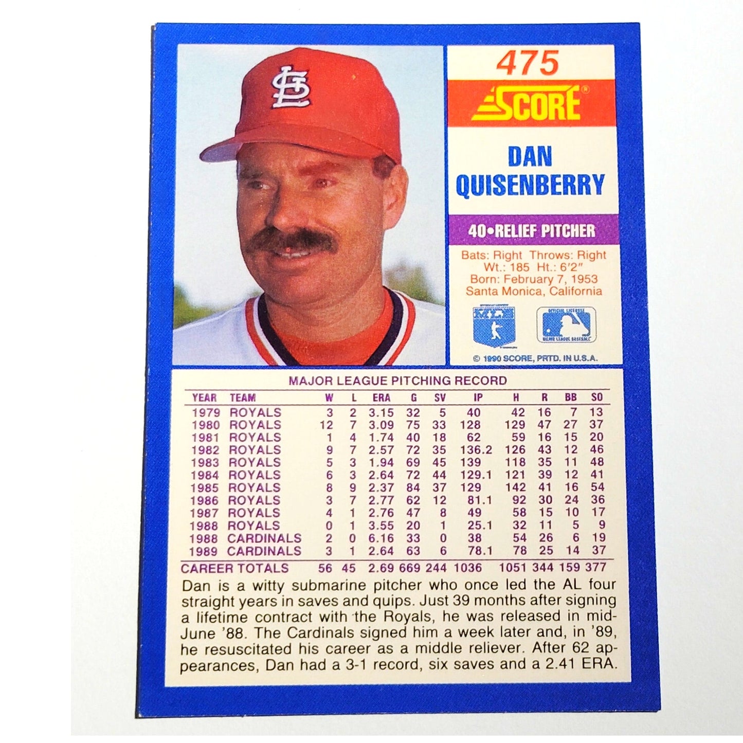 1990 Score Dan Quisenberry #475 St. Louis Cardinals Relief Pitcher MLB Baseball EX