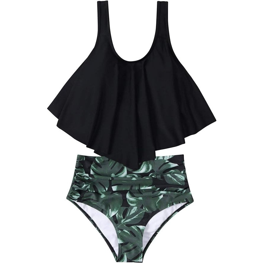 OMKAGI Ruffle Bikini, High Waisted Bottom Plus Tankini, Black Leaf, XL (8-10)
