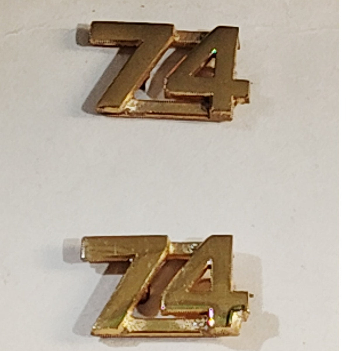 Early/Mid 1900s Brass C-Clasp "74" Collar Devices 3/8"H Hat / Lapel Pins Set