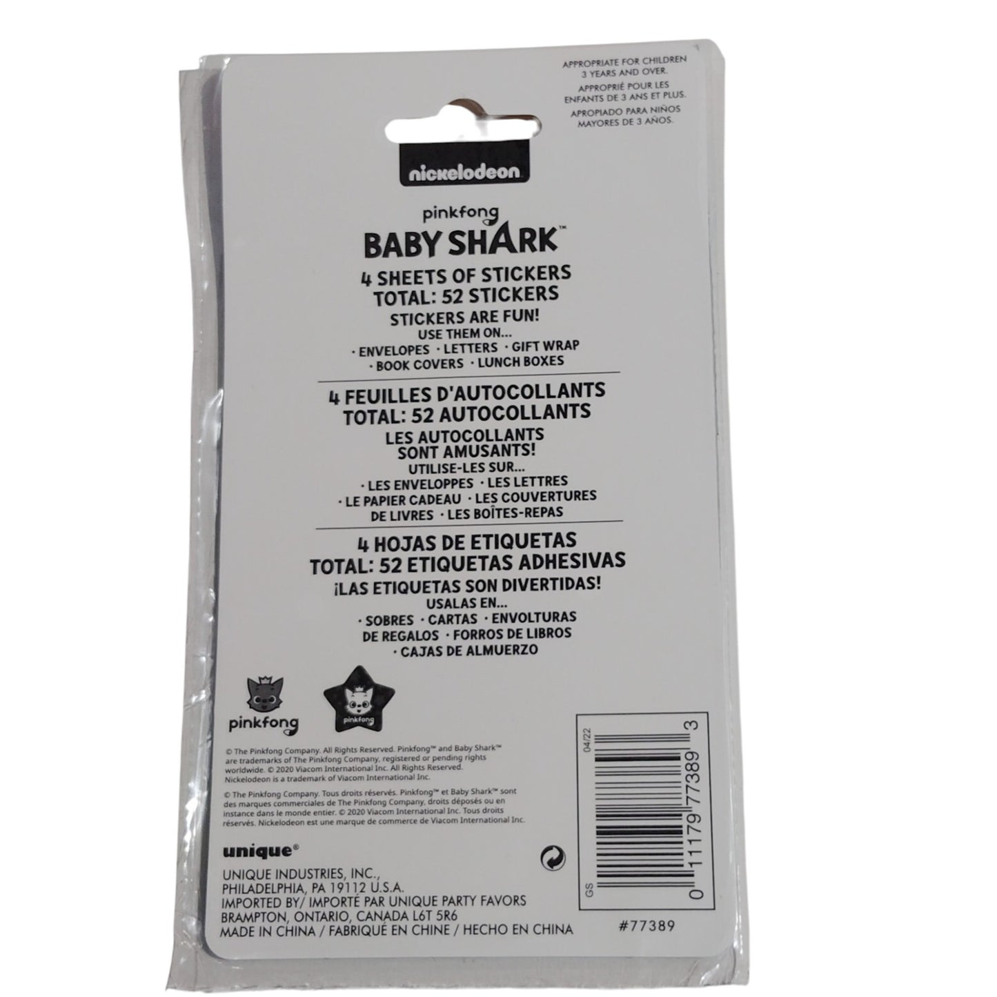 Baby Shark Stickers – 3 Pks of 52 (156 Total) Party Favors, Scrapbooking, Crafts